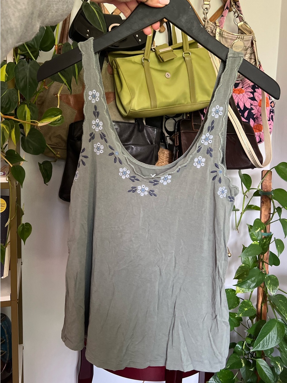 American Eagle Outfitters Sage Green Embroidered Tank